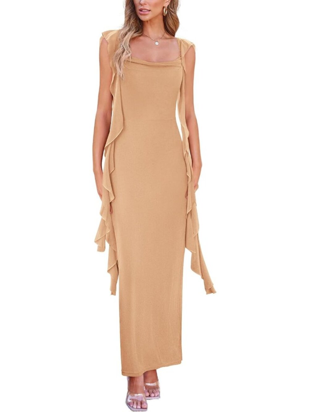 Women's Apricot Ruffle Bodycon Soft Stretchy Slim Fit Wedding Guest Maxi Dress